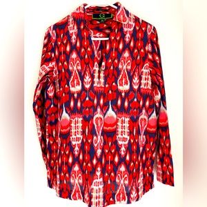 C WONDER tunic Pullover Tomato red, white, blue. Side slits, button detail Sz. M